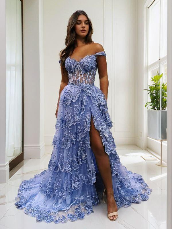 A-Line Tulle Applique Off-the-Shoulder Sleeveless Sweep/Brush Train Corset Dresses